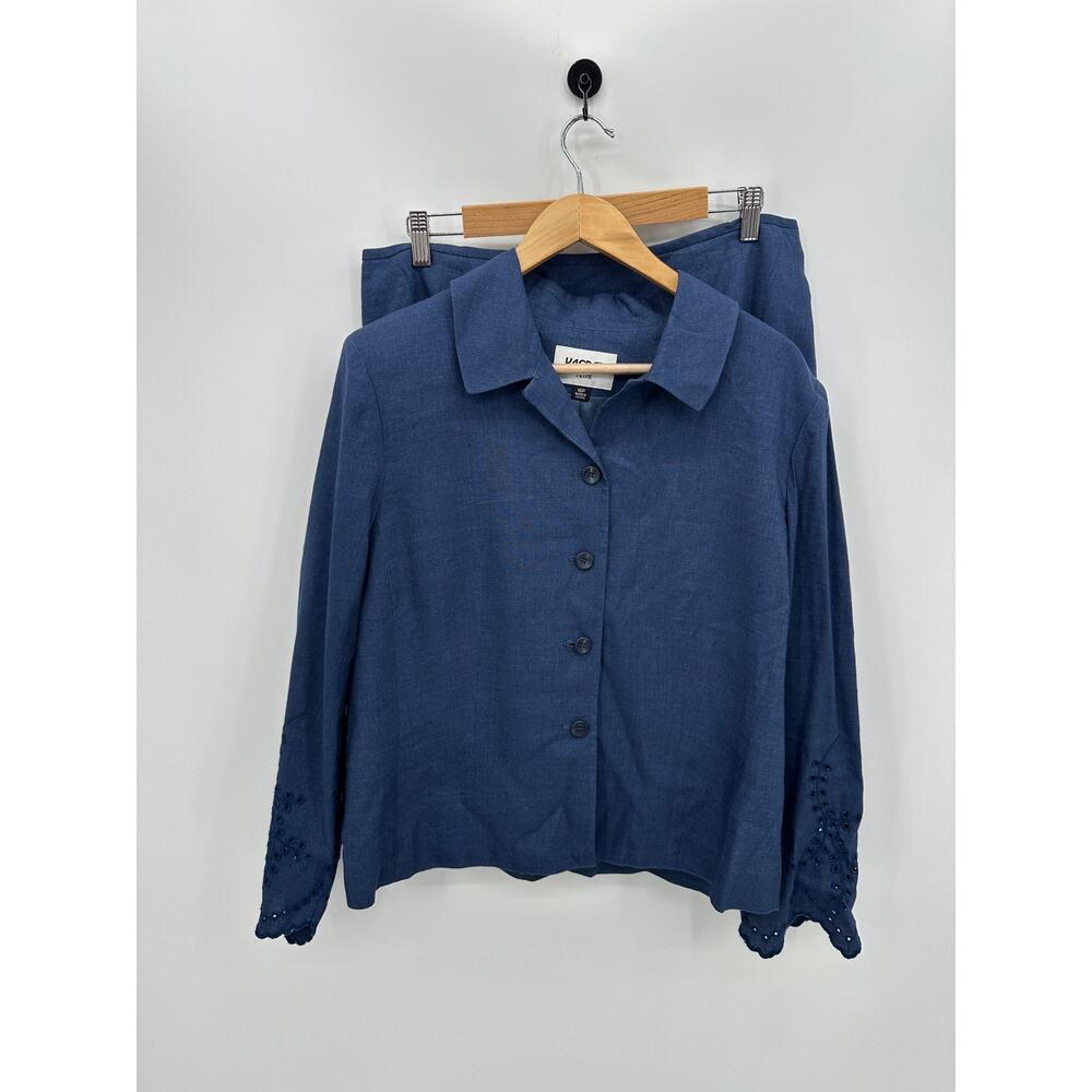Kasper Petites Linen Blend Suit Skirt Set Women 16P‎ Blue Eyelet Career Office